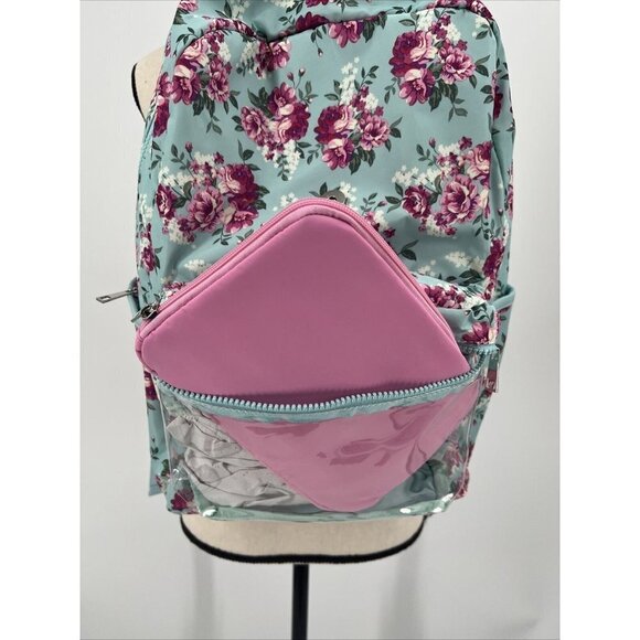 No Boundaries Nylon Flap Backpack Clear Vinyl Pocket Mint Floral NWT 16" deep - Picture 7 of 9